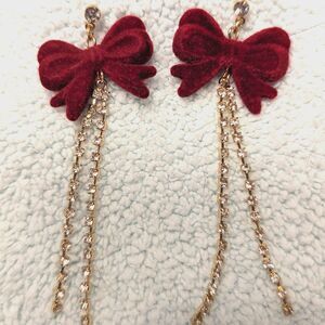 Velvet bow rhinestone dangle earrings - 3.5 inch drop - red Christmas glam